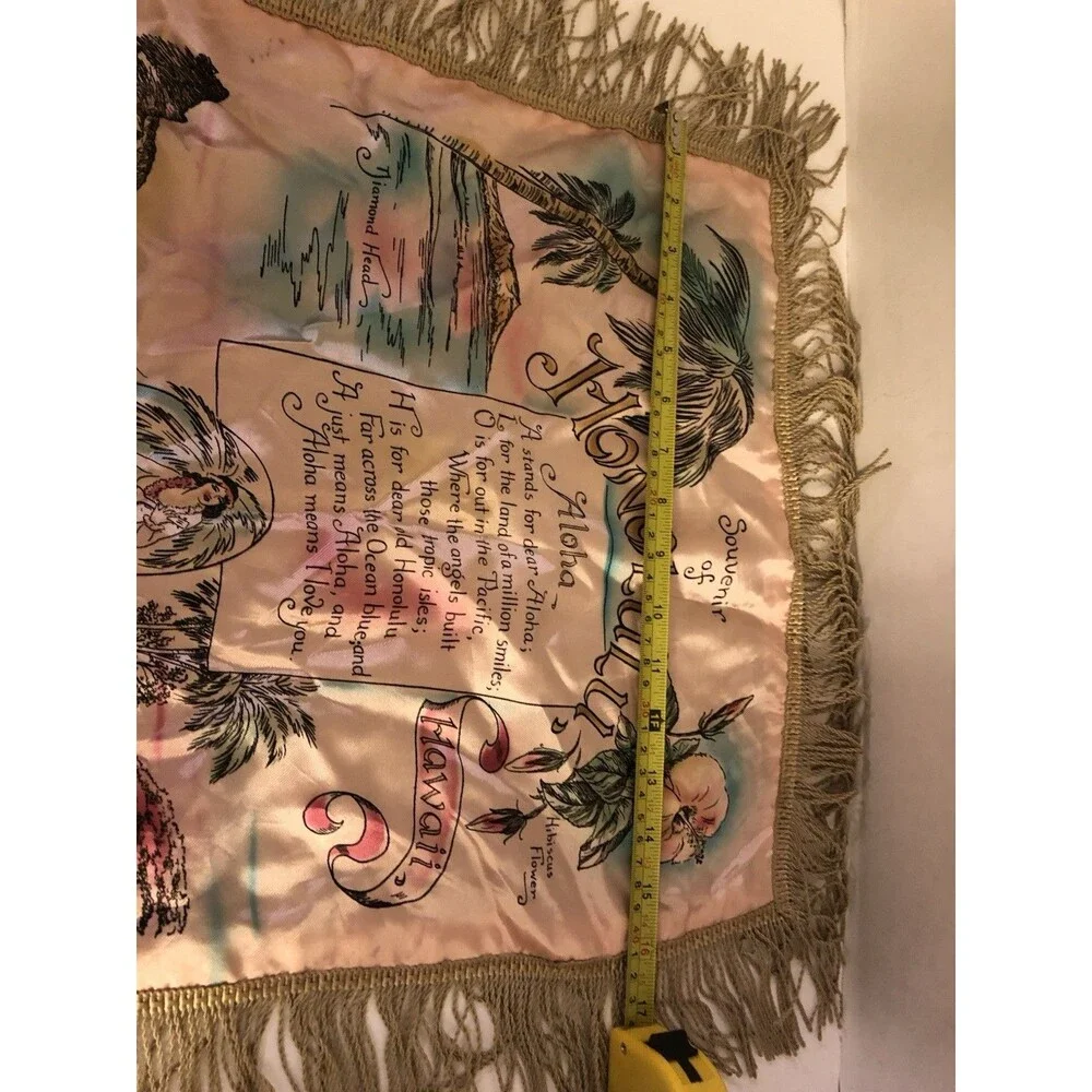 Vintage Honolulu Hawaii Satin Souvenir Pillow Cover Fringe Aloha Mid Century